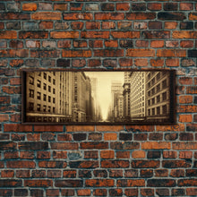 Cargar imagen en el visor de la galería, City Scape Wall Art, City Skyline Wall Art, Framed Canvas, Sepia Art, Perspective Art Print, Wall Decor, Panoramic, Wall Art, Canvas Print