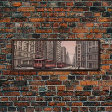 Cargar imagen en el visor de la galería, Colored Pencil Streetcar Urban Art Print, Red Train, Tram In The City, Sketch Art, City Art, Urban Print, Panoramic, Wall Art, Canvas Print