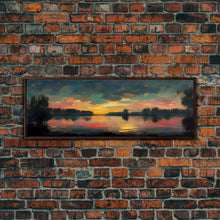 Cargar imagen en el visor de la galería, Cool Sunset Over The Lake, Ready To Hang Canvas Print, Panoramic Art, Lakehouse Wall Decor, Lake House Art, Beach House Art