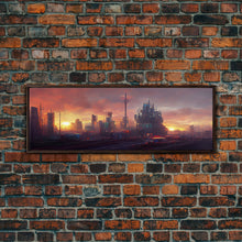 Load image into Gallery viewer, Cyberpunk City, Night City Watercolor, Ready To Hang Canvas Print, Panoramic, Videogame Concept Art, Watercolor Painting Of a Cyberpunk City