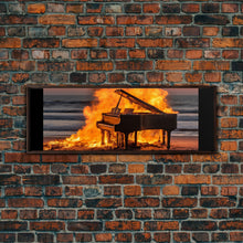 Carregar imagem no visualizador da galeria, Burning Piano On The Beach, Surreal Art, Framed Canvas Print, Panoramic Wall Art