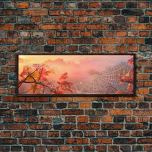 Load image into Gallery viewer, Dew Covered Spiderweb In The Fall, Framed Canvas Print, Autumn Centerpiece, Fall Leaves In The Autumn