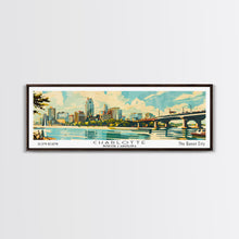 Cargar imagen en el visor de la galería, Charlotte North Carolina Panoramic Painting, Mid Century Modern Framed Canvas Print, Retro Pop Art Travel Poster, Wall Art, Home Decor, Office Art