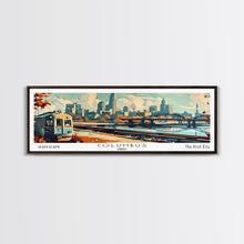 Load image into Gallery viewer, Columbus Ohio Panoramic Painting, Mid Century Modern Framed Canvas Print, Retro Pop Art Travel Poster, Wall Art, Home Decor, Office Art, Gift Idea