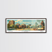 Load image into Gallery viewer, Detroit Michigan Panoramic Wall Art, Mid Century Modern Framed Canvas Print, Retro Pop Art Travel Poster, Office Art, Living Room Decor