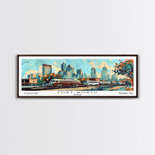 Carregar imagem no visualizador da galeria, Fort Worth Texas Panoramic Wall Art, Mid Century Modern Framed Canvas Print, Retro Pop Art Travel Poster, Office Art, Living Room Decor