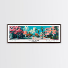 Carregar imagem no visualizador da galeria, Burbank California Panoramic Painting, Mid Century Modern Framed Canvas Print, Retro Pop Art Travel Poster, Living Room Wall Art, City Art