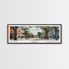 Load image into Gallery viewer, Carmel Indiana Panoramic Painting, Mid Century Modern Framed Canvas Print, Retro Pop Art Travel Poster, Home Decor, City Art