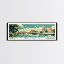Cargar imagen en el visor de la galería, Cedar Rapids Iowa Panoramic Painting, Mid Century Modern Framed Canvas Print, Retro Pop Art Travel Poster, Living Room Wall Art Decor, City Print
