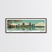 Carregar imagem no visualizador da galeria, Fort Wayne Indiana Panoramic Art, Mid Century Modern Framed Canvas Print, Retro Pop Art Travel Poster, Home Wall Decor