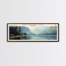 Carregar imagem no visualizador da galeria, Avalanche Lake Montana Panoramic Framed Canvas Print, Lake House Art, Boho Decor, Travel Poster, Nature Wall Art, Serene Scene
