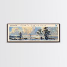 Load image into Gallery viewer, Blue Cypress Lake Florida Framed Canvas Print, Lake House Art, Panoramic Scenic View, Travel Poster, Modern Decor, Lake Painting