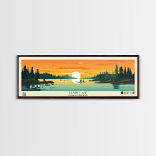 Load image into Gallery viewer, Basin Lake Saskatchewan Framed Canvas Print, Panoramic Wall Art, Midcentury Modern Lake House Decor, Pop Art, Travel Poster, Scenic Living Room Art