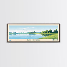 Load image into Gallery viewer, Black Hawk Lake Iowa Framed Canvas Print, Panoramic Travel Poster, Midcentury Modern Wall Art, Pop Art, Nature Bedroom Art, Scenic Lake House Decor