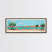 Load image into Gallery viewer, Brantley Lake New Mexico Framed Canvas Print, Midcentury Modern Panoramic Wall Art, Living Room Decor, Pop Art, Travel Poster Art, Scenic Nature Painting
