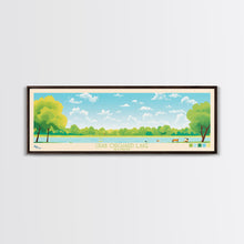 Load image into Gallery viewer, Crab Orchard Lake Illinois Framed Canvas Print, Midcentury Modern Panoramic Wall Art, Living Room Decor, Pop Art, Travel Poster Art, Scenic Nature Painting, Lake House Decor