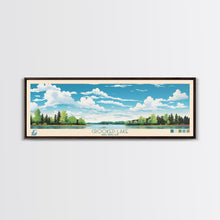 Load image into Gallery viewer, Crooked Lake Michigan Framed Canvas Print, Pop Art Panoramic Travel Poster, Midcentury Modern, Wall Art, Scenic Nature Painting, Bedroom Decor, Living Room Art