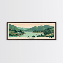 Load image into Gallery viewer, Lake Nacimiento California Framed Canvas Print, Panoramic Wall Art, Midcentury Modern, Pop Art, Living Room Decor, Travel Poster, Lake House Art