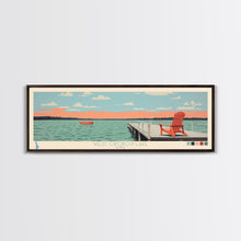 Load image into Gallery viewer, West Okoboji Lake, Iowa Panoramic Framed Canvas Print, Lake House Art, Midcentury Modern Decor, Pop Art, Travel Poster, Bedroom Wall Art
