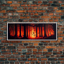 Load image into Gallery viewer, Forest Landscape Art, Forest Fire, Fall / Autumn Decor, Panoramic Wall Art, Framed Canvas Print, Orange and Yellow Fantasy Forest