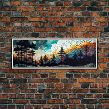 Cargar imagen en el visor de la galería, Extra large 24 x 72 wall art, framed canvas print, abstract pine tree forest painting, painting of a forest fire against a starry night sky