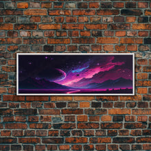 Load image into Gallery viewer, Beautiful Science Fiction Wall Art, Synthwave Style Scifi Art, Framed Canvas Print, Panoramic Alien Worlds and Star Filled Night Sky