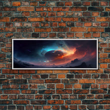 Load image into Gallery viewer, Beautiful Science Fiction Wall Art, Synthwave Style Scifi Art, Framed Canvas Print, Panoramic Alien Worlds and Star Filled Night Sky