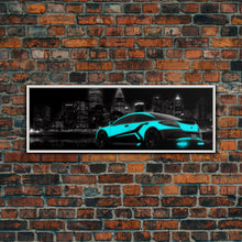 Cargar imagen en el visor de la galería, City Skyline Wall Art, Teal Sports Car, Abstract Urban Art, Cityscape Art, Dark Night Large Urban Art, Panoramic, Wall Art, Canvas Print