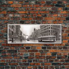 Load image into Gallery viewer, Detailed Street Sketch Canvas Print, City Wall Art, Bus, Cars, Buildings, Monochromatic Urban Art Print, Panoramic, Wall Art, Canvas Print