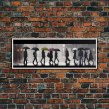 Load image into Gallery viewer, Crowd Walking With Umbrellas Canvas Print, Raining City Art, Urban Art, Large Urban Art Print, Wall Decor, Panoramic, Wall Art, Canvas Print