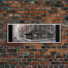 Load image into Gallery viewer, Dystopian City Canvas Print, Buildings, Man On Street, Urban Art, Large Urban Art Print, Wall Decor, Panoramic, Wall Art, Canvas Print