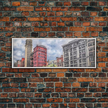 Cargar imagen en el visor de la galería, Colored Pencil City Canvas Print, Large Urban Art Print, Cityscape Art, Buildings, Red, Vibrant Art, Panoramic, Wall Art, Canvas Print