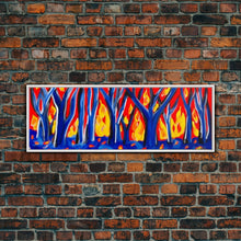 Cargar imagen en el visor de la galería, Forest On Fire, Red Flames, Blue Trees, Abstract Forest Art, Canvas Wall Decor, Large Art Print, Panoramic, Wall Art, Canvas Print