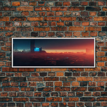Load image into Gallery viewer, Cyberpunk Cityscape, Ready To Hang Canvas Print, Panoramic, Cyberpunk Concept Art, Cityscape at Sunset, Cool mancave art, gift for him