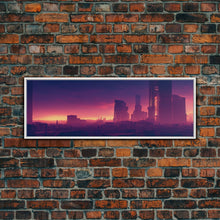 Load image into Gallery viewer, Cyberpunk Cityscape, Ready To Hang Canvas Print, Panoramic, Cyberpunk Concept Art, Cityscape at Sunset, Cool mancave art, Purplewave