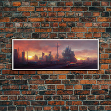 Load image into Gallery viewer, Cyberpunk City, Night City Watercolor, Ready To Hang Canvas Print, Panoramic, Videogame Concept Art, Watercolor Painting Of a Cyberpunk City