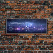 Load image into Gallery viewer, Cyberpunk Hong Kong City Skyline, Framed Canvas Print, Cyberpunk Style Wall Art, Synthwave Decor, Videogame Concept Art