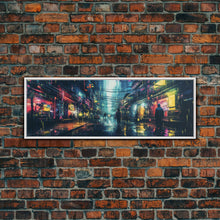 Load image into Gallery viewer, Cyberpunk Tokyo City Streets, Framed Canvas Print, Cyberpunk Style Wall Art, Synthwave Decor, Videogame Concept Art