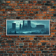 Load image into Gallery viewer, Dystopian Cyberpunk Metropolis, Steampunk Mashup, Extra Large Wall Art, Framed Panoramic Canvas Print, Framed Wall Art
