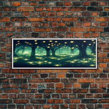 Cargar imagen en el visor de la galería, Fantasy Forest At Night With Fireflies, Extra Large Wall Art, Framed Panoramic Canvas Print, Framed Wall Art