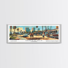 Load image into Gallery viewer, Bakersfield California Panoramic Wall Art, Mid Century Modern Framed Canvas Print, Retro Pop Art Travel Poster, Office Wall Art, Living Room Decor