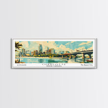 Cargar imagen en el visor de la galería, Charlotte North Carolina Panoramic Painting, Mid Century Modern Framed Canvas Print, Retro Pop Art Travel Poster, Wall Art, Home Decor, Office Art