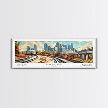 Load image into Gallery viewer, Dallas Texas Panoramic Wall Art, Retro Pop Art Framed Canvas Print, Mid Century Modern Travel Poster, Living Room Decor, Office Art