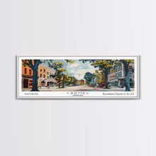 Load image into Gallery viewer, Carmel Indiana Panoramic Painting, Mid Century Modern Framed Canvas Print, Retro Pop Art Travel Poster, Home Decor, City Art