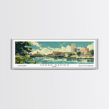 Cargar imagen en el visor de la galería, Cedar Rapids Iowa Panoramic Painting, Mid Century Modern Framed Canvas Print, Retro Pop Art Travel Poster, Living Room Wall Art Decor, City Print