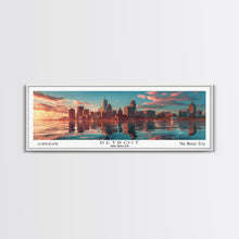 Load image into Gallery viewer, Detroit Michigan Panoramic Painting, Mid Century Modern Framed Canvas Print, Retro Pop Art Travel Poster, City Wall Decor, Home Art