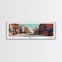 Carregar imagem no visualizador da galeria, Evansville Indiana Panoramic Painting, Mid Century Modern Framed Canvas Print, Retro Pop Art Travel Poster, Living Room Wall Art