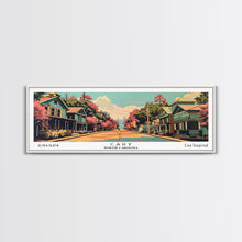 Cargar imagen en el visor de la galería, Cary North Carolina Panoramic Painting, Framed Canvas Print, Mid Century Modern Wall Art, Retro Pop Art Travel Poster, Living Room Decor, City Art