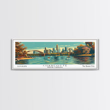Cargar imagen en el visor de la galería, Charlotte North Carolina Panoramic Painting, Framed Canvas Print, Mid Century Modern Wall Art, Retro Pop Art Travel Poster, Living Room Decor, City Art