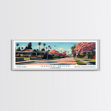 Cargar imagen en el visor de la galería, Garden Grove California Panoramic Painting, Framed Canvas Print, Mid Century Modern Wall Art, Retro Pop Art Travel Poster, Living Room Decor, City Art
